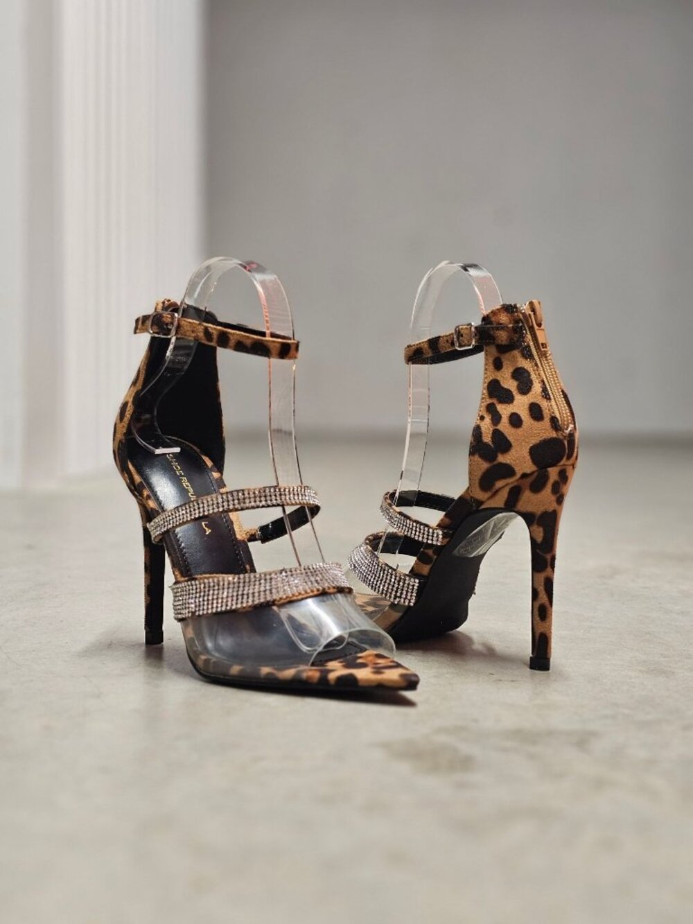 Leopard Print High Heels With Rhinestone Straps & Clear Vinyl Accents Adjustable